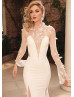 Long Sleeves Beaded Ivory Lace Satin Fairytale Wedding Dress